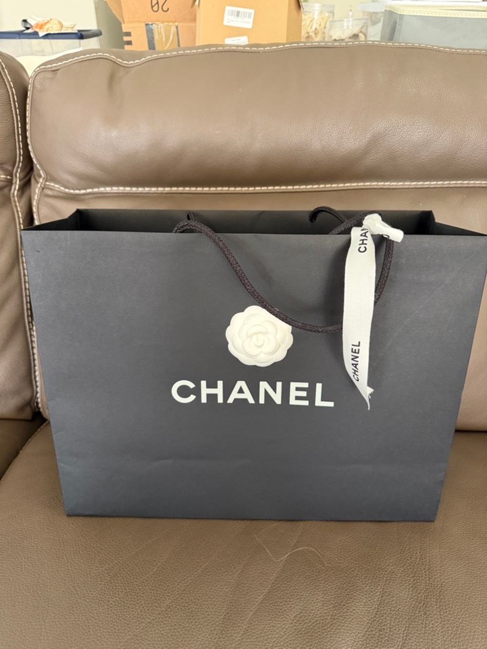 CHANEL Black paper Shopping bag Tote with White Camellia and Ribbon